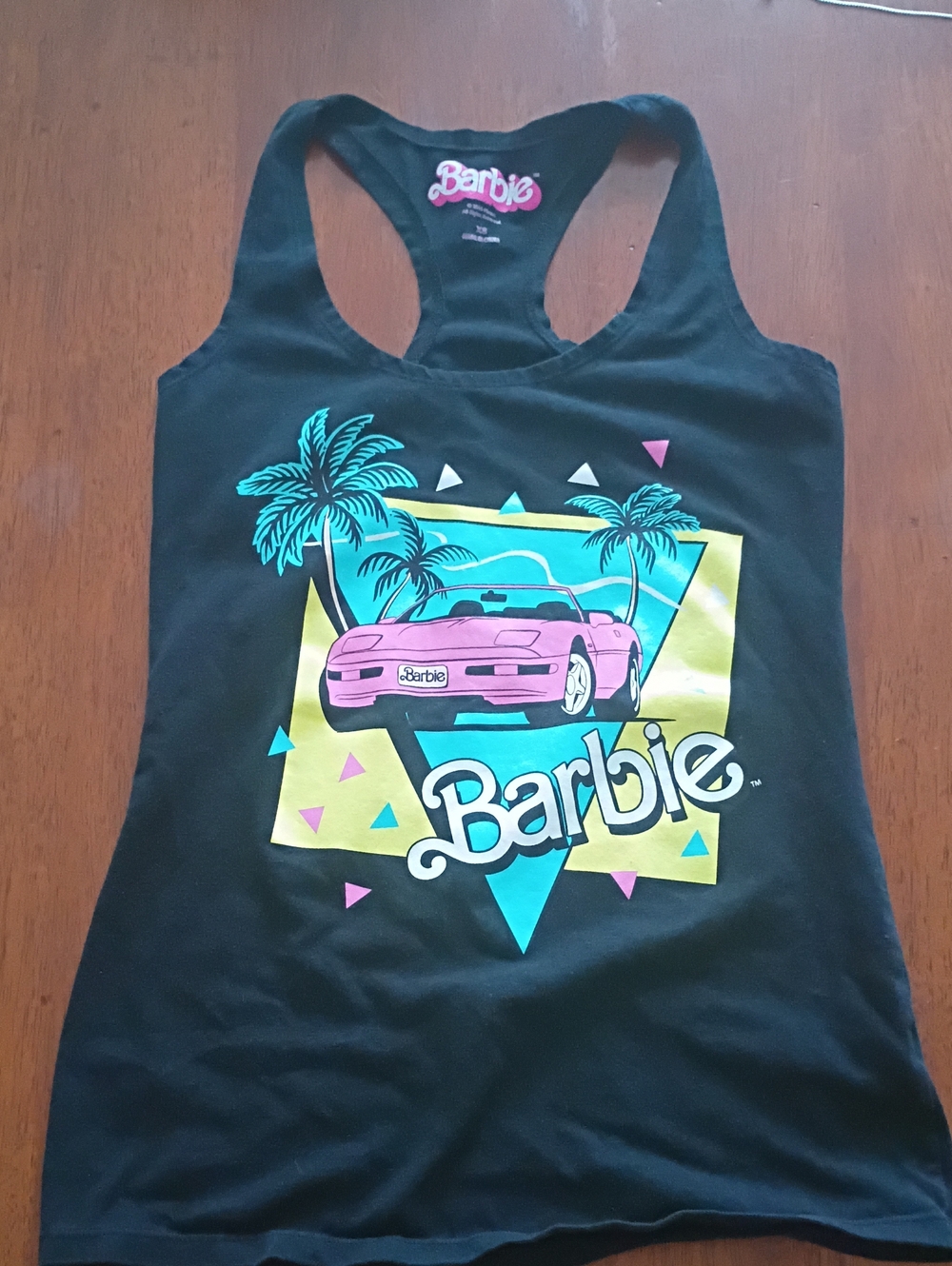 Barbie Black Tank Top with Pink Car and Teal Palm Graphic